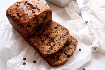 Homemade Chocolate chip banana bread sliced, selective focus