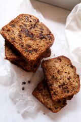 Homemade Chocolate chip banana bread sliced, selective focus