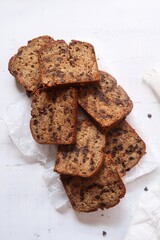Homemade Chocolate chip banana bread sliced, selective focus