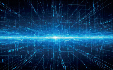 Abstract digital grid of glowing blue lines and nodes, representing data flow and network connections in a futuristic cyberspace