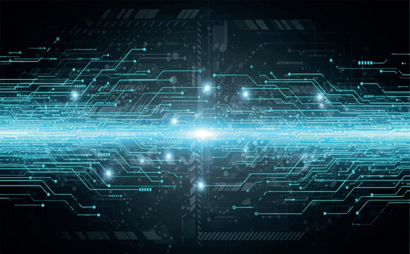 Futuristic blue circuit board with bright light in the center, symbolizing data transfer and advanced technology