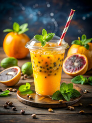 Fototapeta premium Icy passion fruit drink with mint and citrus fruits