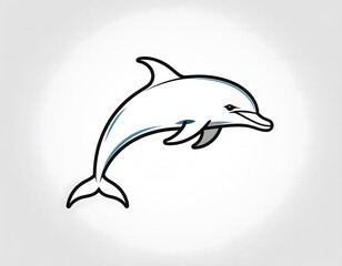 Fototapeta premium A stylized illustration of a dolphin jumping, outlined in black with subtle blue shading, set against a soft, blurred white background.