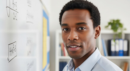 African American man, educator, stands confidently beside a whiteboard filled with mathematical equations, showcasing teaching expertise and engaging classroom environment