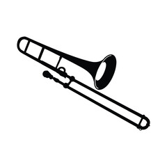 Obraz premium Minimalist line drawing of a golden yellow trombone with U-shaped slide, rotary valve, and curved bell on a white background