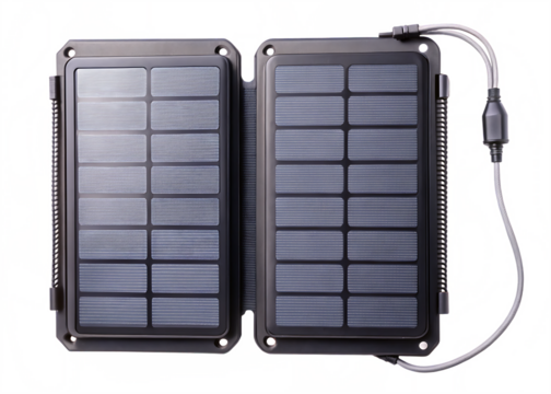 Foldable solar panel charger with cables isolated on a transparent background portable