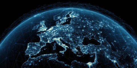 European Night Lights.  Detailed view of European continent, illuminated by city lights, depicted as glowing points on a globe, with network of lines connecting them