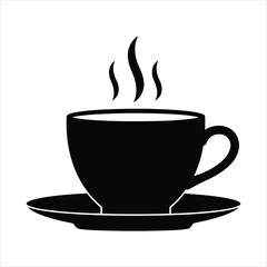 Steaming hot coffee cup and saucer silhouette symbol for refreshment and warmth