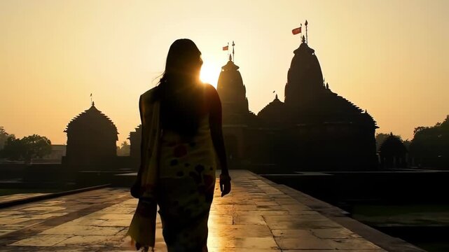 A woman in traditional indian clothing walks towards the khajuraho temples at sunset, creating a silhouette against the golden sky, showcasing the ancient architecture chhath puja
