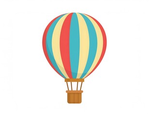 Obraz premium Illustration of a colorful hot air balloon with red, blue, and yellow stripes, and a brown wicker basket, isolated on white.