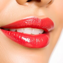 Obraz premium Close-up of woman's lips with bright red gloss