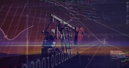 After binary code fading in against sunset, oil pumpjack pumping, grid visualizing financial graph - Powered by Adobe