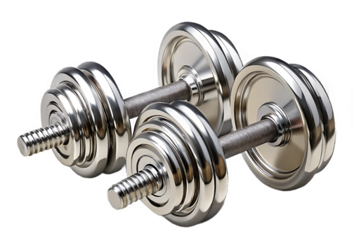 Gleaming chrome dumbbells with threaded handles and stacked weight plates isolated on a transparent background