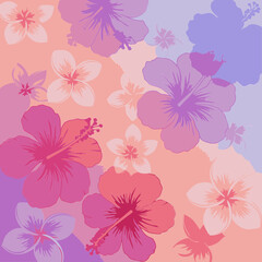 Floral pattern of hibiscus and plumeria in pastel shades with a soft background. Vibrant, artistic design for a fashion or textile product.