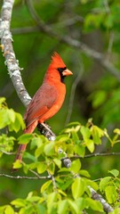 Red cardinal perched on branch, vibrant red plumage, green foliage
