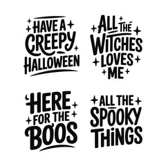 Obraz premium Set of four Halloween typographic designs with playful purple text, stars, sparkle elements, and varied hand-lettered styles on white.