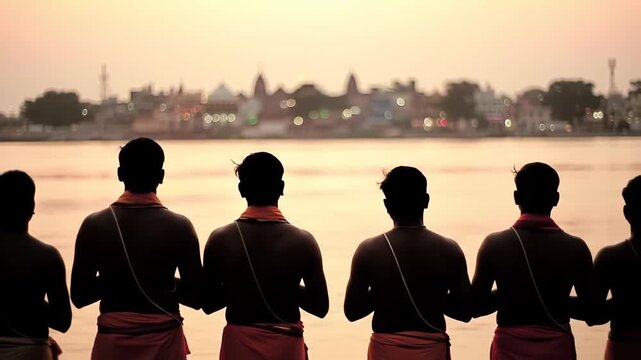 A serene view of priests standing on the ghats of ayodhya, india, during sunset, with the silhouette of the citys temples and buildings in the background chhath puja