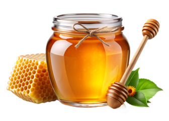 Golden honey jar with honeycomb and dipper isolated on a transparent background image
