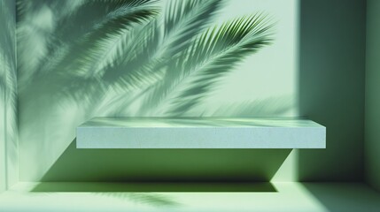 Minimalist Green Platform with Shadowed Palm Leaves in Modern Interior