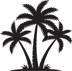 Black silhouette of three palm trees on white background tropical