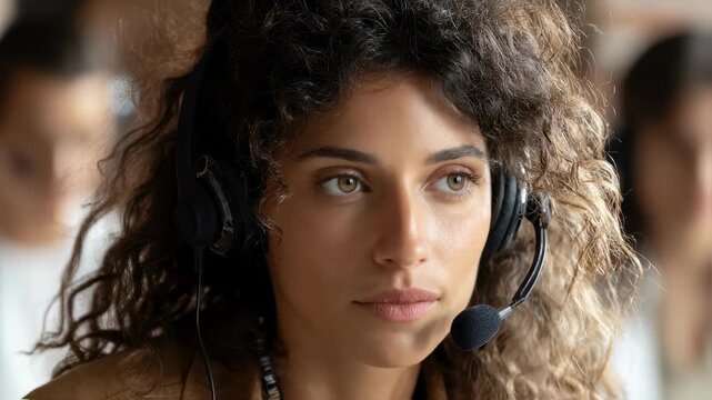 Focused medium shot of a counselor engaging with a client on materiality issues via calls the background filled with outoffocus team members multitasking.