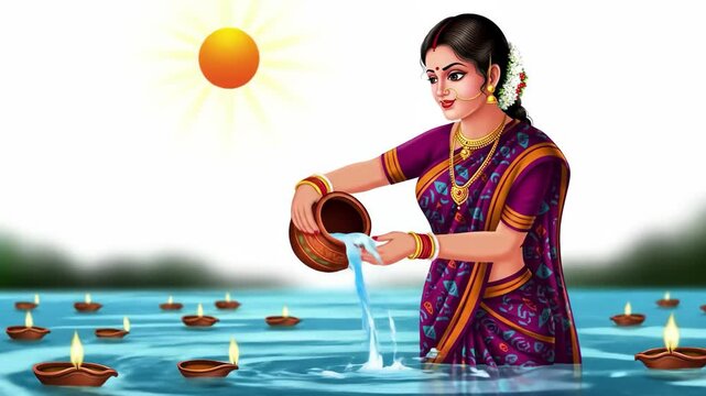 Illustration of a woman offering water to the sun god during the chhath puja festival, with floating diya lamps on isolated white background chhath puja