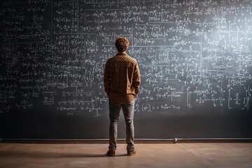 In a classroom setting, a man gazes at a blackboard filled with complex mathematical formulas and notes.