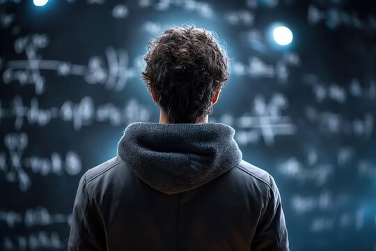 In a classroom setting, a man gazes at a blackboard filled with complex mathematical formulas and notes.