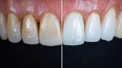 Close-up of Dirty Teeth Before and After Whitening Treatment