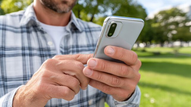 Young man using smartphone outdoors in a sunny park setting during daytime