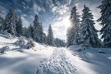 Snowy winter path through a pine forest. Sunlight streams through the trees