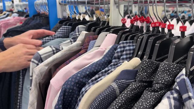 Close-up view of a shopper flipping through patterned shirts on hangers at a thrift store, searching for clothing deals among secondhand apparel. 14813  	