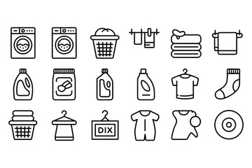 Set of outline icons for laundry and washing clothes services and products Keywords: washing machine icon, laundry basket icon