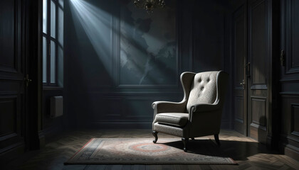 Elegant Wingback Armchair in a Dramatic Vintage Style Interior Setting.