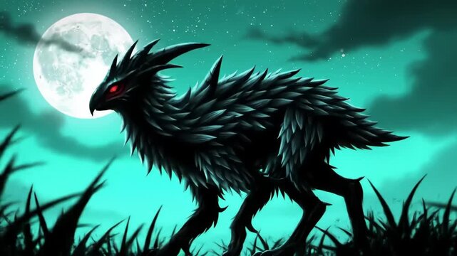 Mysterious dark creature with red eyes prowling under a full moon