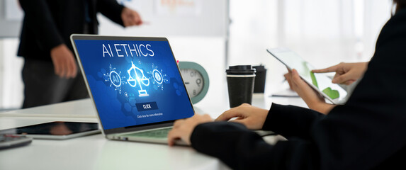 AI ethics responsibility standard law and rules on computer screen provide report of AI ethic...