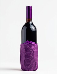 A purple-wrapped wine bottle against a white background