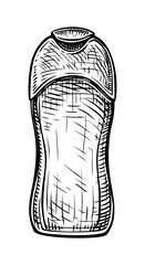 Vector hand drawn vintage illustration of cosmetic bottle in vintage engraved style. Package for shampoo, cream, tonic, lotion, serum. Black and white sketch isolated on white background