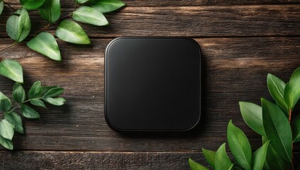 Black square on wood table with green leaves around. Simple and elegant