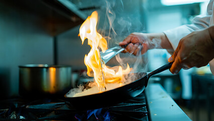 Chef Cooking with Fire and Passion in a Professional Kitchen Food Preparation Skills on Display