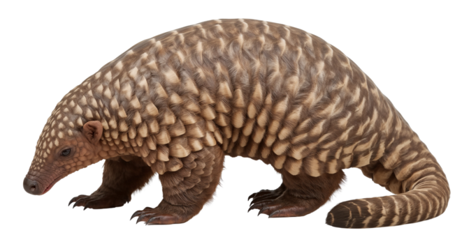 Detailed pangolin illustration, showcasing its scaled armor and gentle, inquisitive demeanor. Isolated on transparent background, png