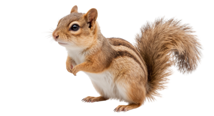 A fluffy chipmunk with brown and tan fur stands alert with its tail curved over its back. Isolated on transparent background, png