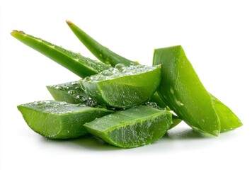 Fototapeta premium Fresh Green Aloe Vera Slices on White Background