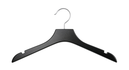 Sleek black clothes hanger, designed for garment storage and organization. Isolated on transparent background, png