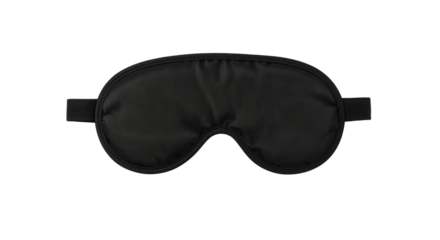 A sleek, black eye mask designed for comfortable sleep and darkness, promoting relaxation and rest. Isolated on transparent background, png