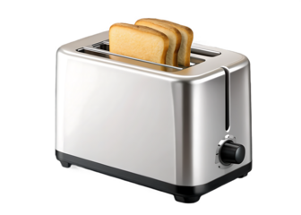 Shiny metal toaster with golden bread slices isolated on a transparent background appliance breakfast
