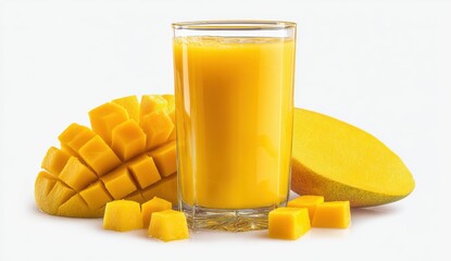 Fresh Mango Juice with Slices and Chunks on White Background