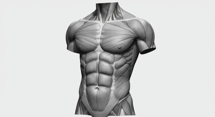 Obraz premium Male Muscular Torso and Arm Anatomy Model Detailed Chest, Abs, and Arm Muscles on White Isolated Background