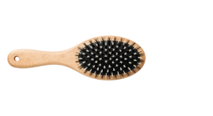 Oval hairbrush with light wood handle and firm, dark bristles. A grooming essential tool. Isolated on transparent background, png