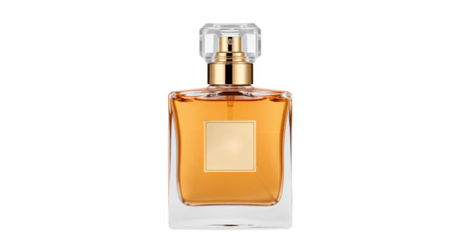 Elegant golden liquid in a glass perfume bottle with square clear cap, Isolated on transparent background, png
